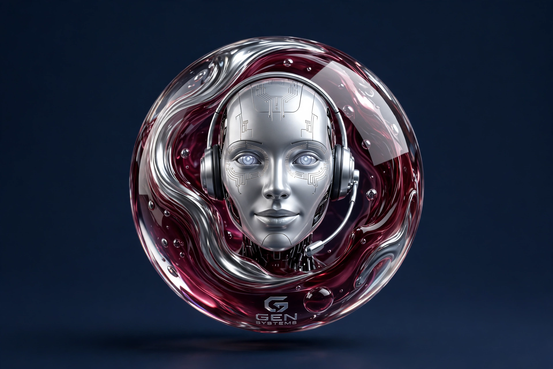 GEN, the GEN Systems support agent — a silver face inside swirling silver-and-burgundy marble